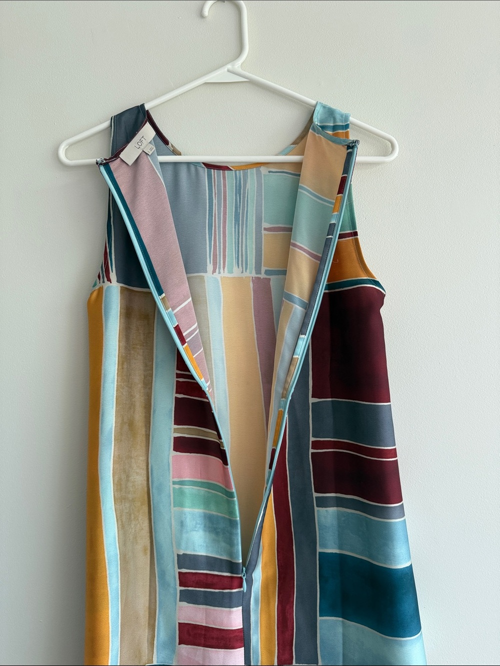 LOFT Multi-Stripe Sleeveless Mini Dress in Teal, Mustard & Burgundy - Picture 3 of 4